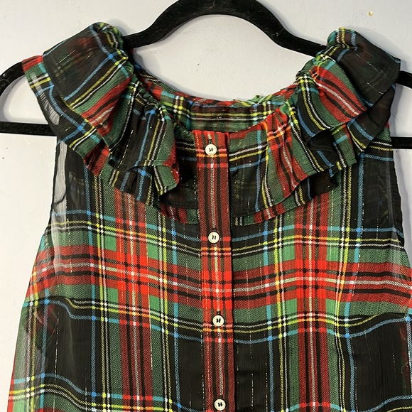 Sheer Sleeveless Plaid J. Crew Ruffle Blouse with Built In Cami Slip Top - Picture 2 of 11